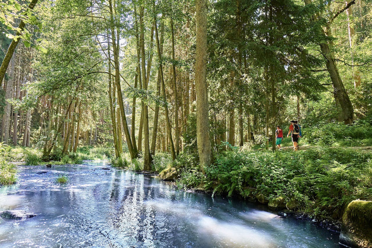 Rauschender Fluss und Teilnehmer der Sportreise im Bayerischen Wald